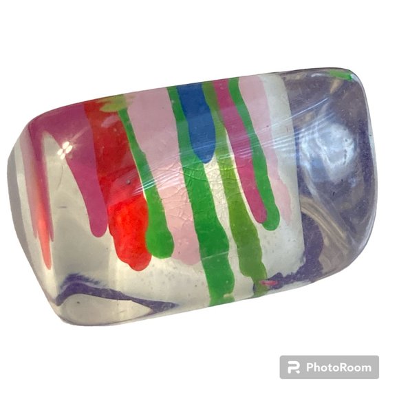 Vintage Lucite Acrylic Ring Size 6 Retro Abstract Hand Painted Pink Red White - Picture 2 of 12
